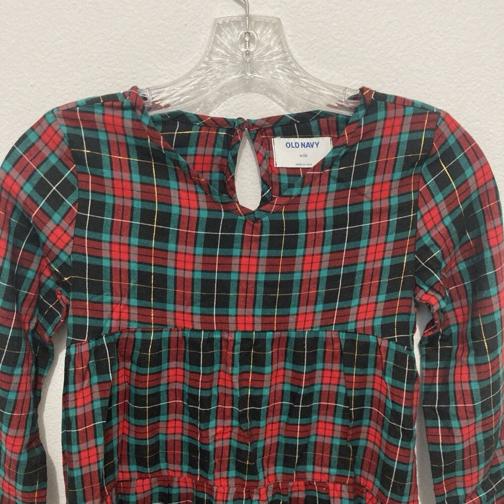 OLD NAVY red green multicolor plaid long sleeve tiered holiday dress M(8) - Picture 2 of 8